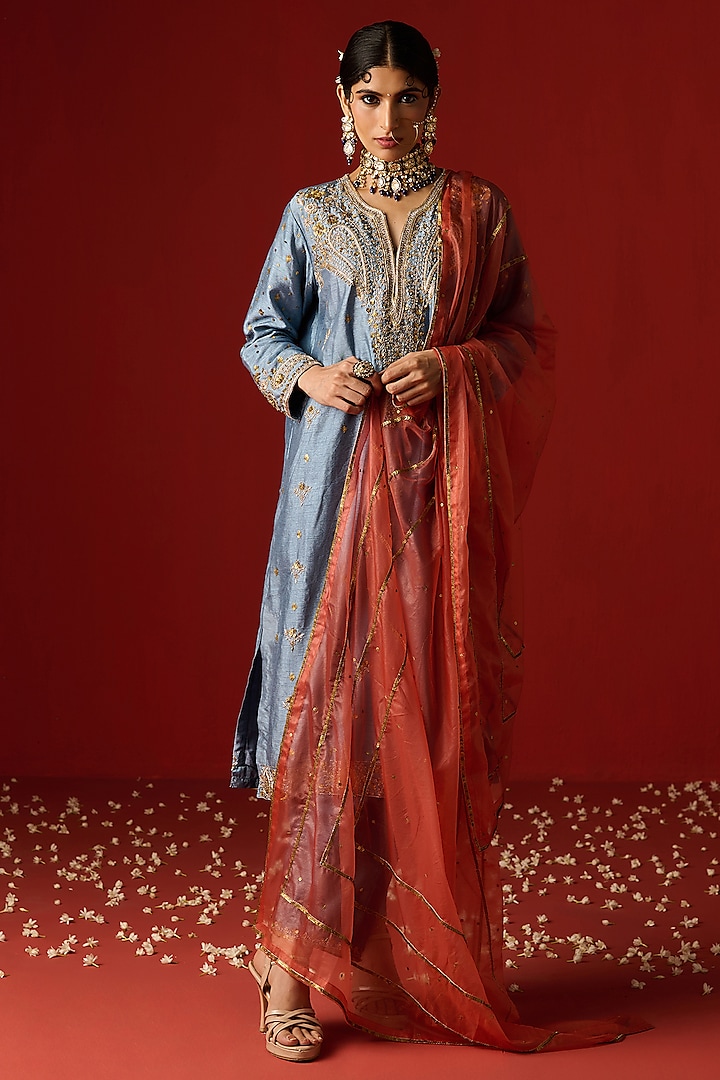 Blue Raw Silk Hand Embroidered Kurta Set by OHH CROW INDIA