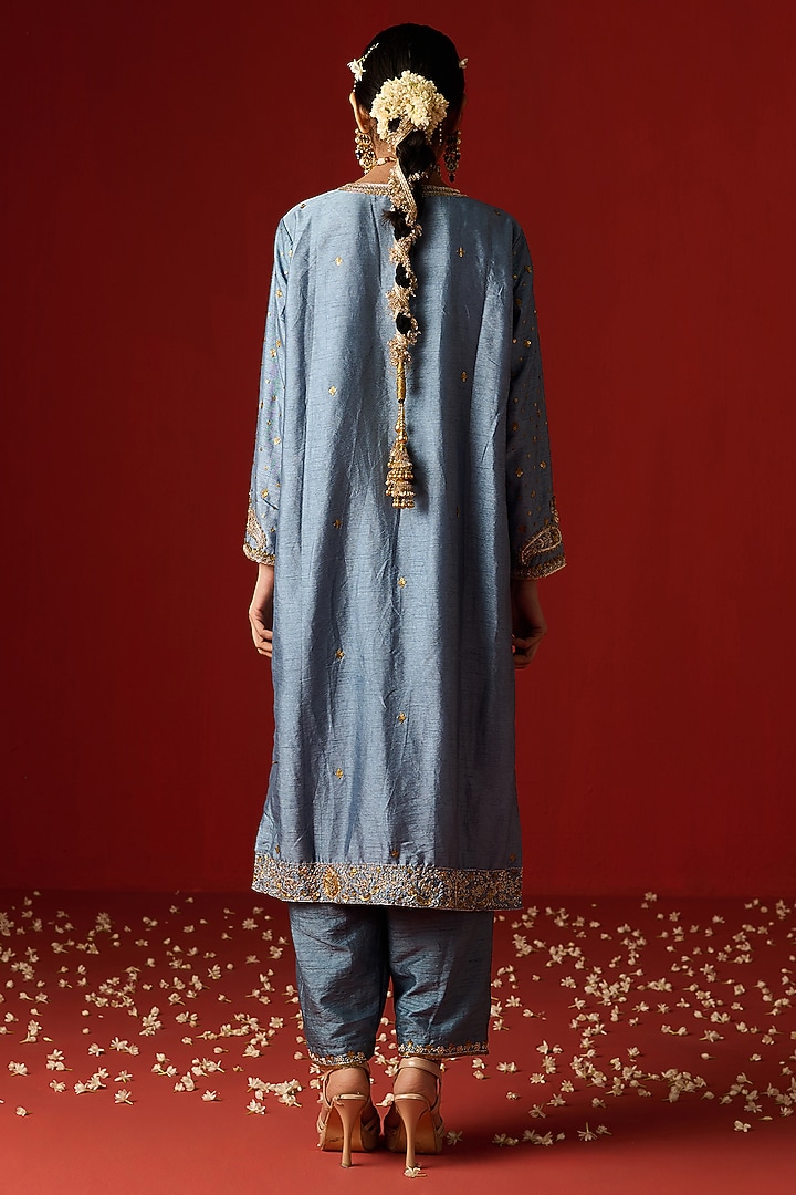 Blue Raw Silk Hand Embroidered Kurta Set by OHH CROW INDIA at Pernia's Pop Up Shop