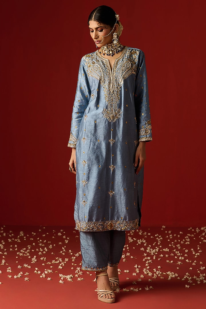 Blue Raw Silk Hand Embroidered Kurta Set by OHH CROW INDIA at Pernia's Pop Up Shop