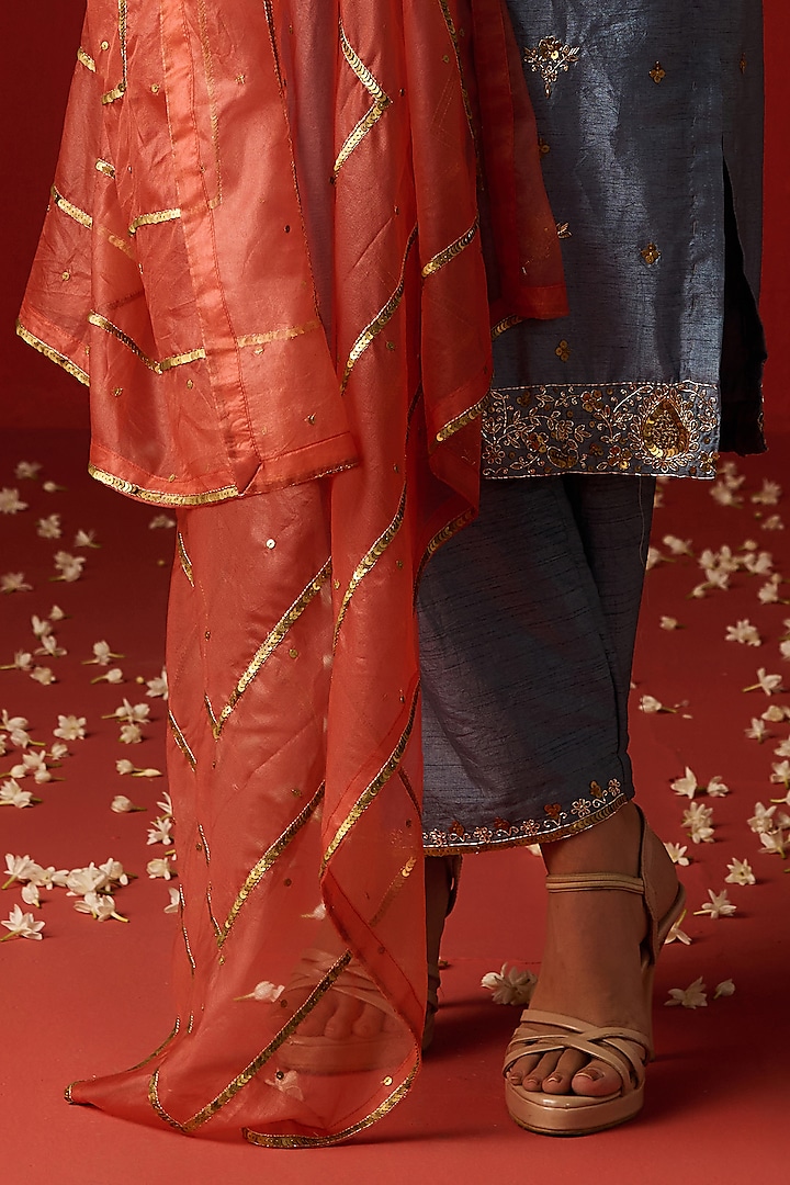 Blue Raw Silk Hand Embroidered Kurta Set by OHH CROW INDIA at Pernia's Pop Up Shop