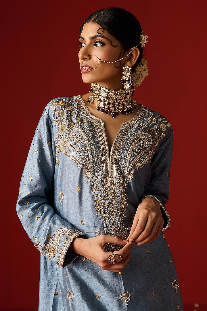 Blue Raw Silk Hand Embroidered Kurta Set by OHH CROW INDIA at Pernia's Pop Up Shop