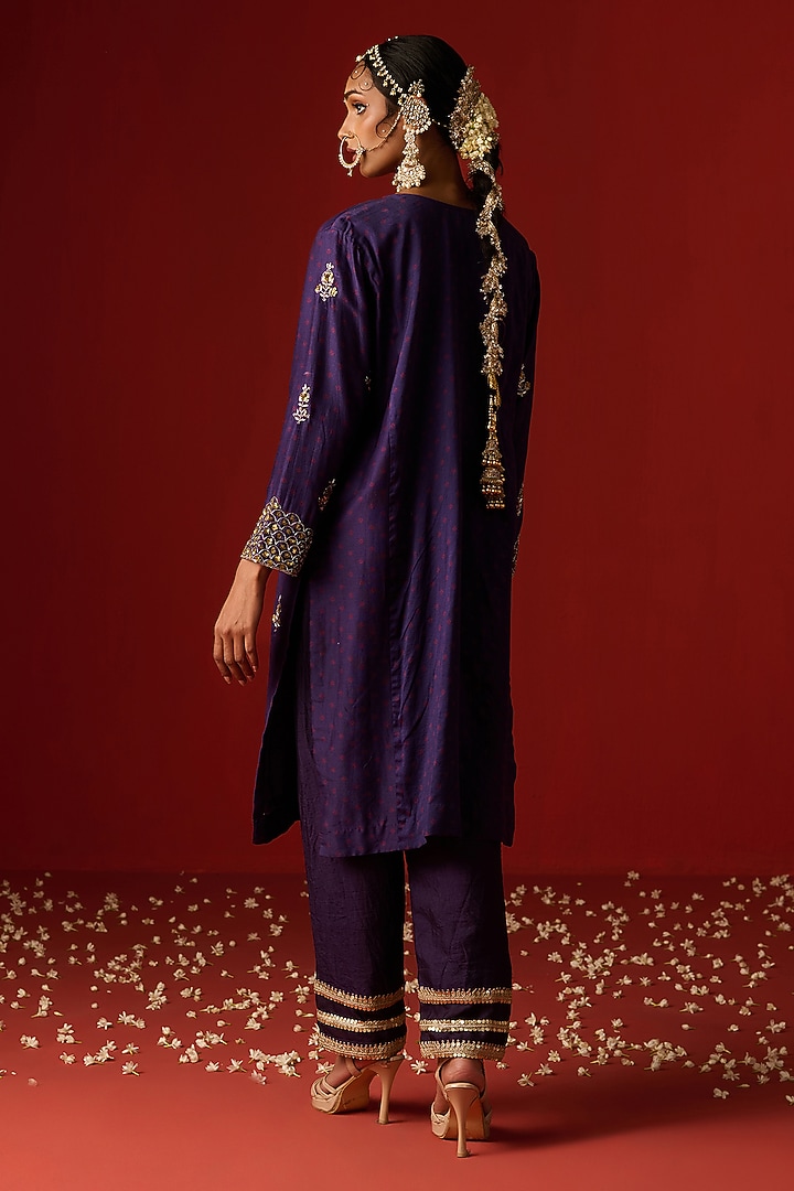 Indigo Blue Chanderi Silk Hand Embroidered & Printed Kurta Set by OHH CROW INDIA at Pernia's Pop Up Shop
