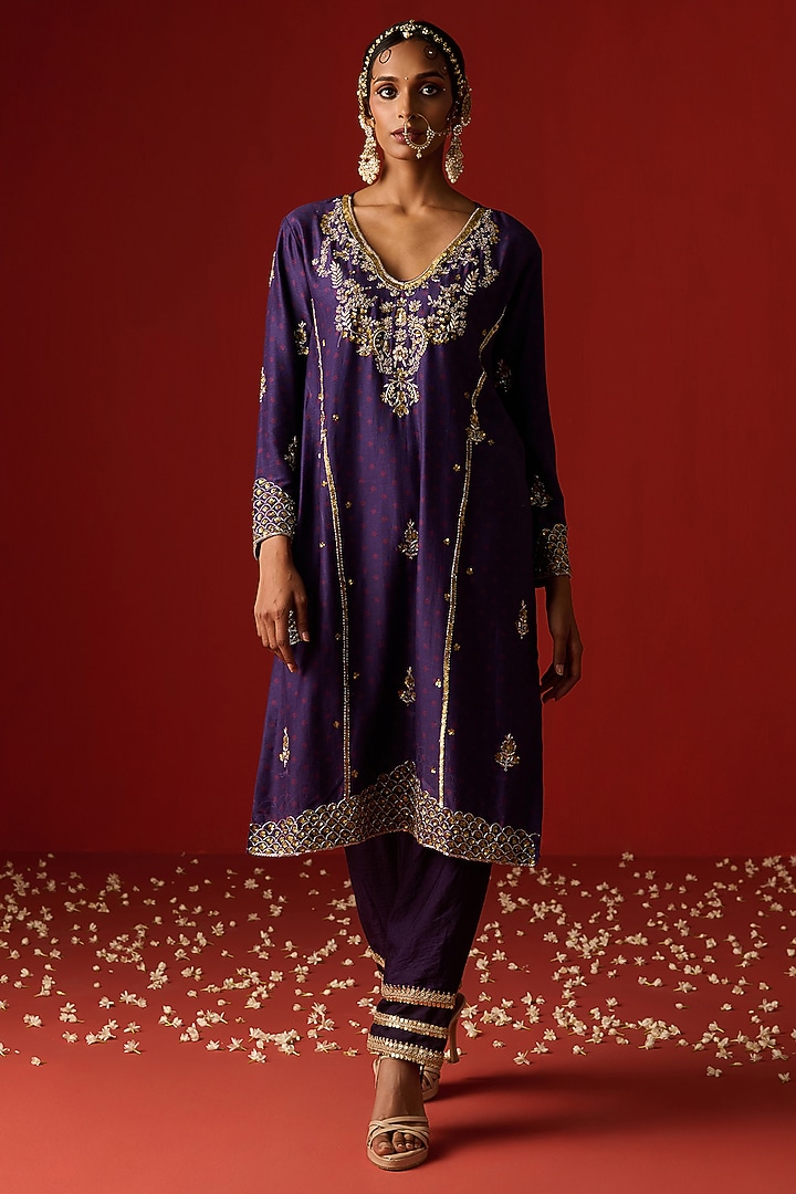 Indigo Blue Chanderi Silk Hand Embroidered & Printed Kurta Set by OHH CROW INDIA at Pernia's Pop Up Shop