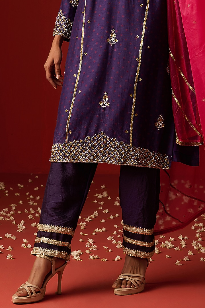 Indigo Blue Chanderi Silk Hand Embroidered & Printed Kurta Set by OHH CROW INDIA at Pernia's Pop Up Shop