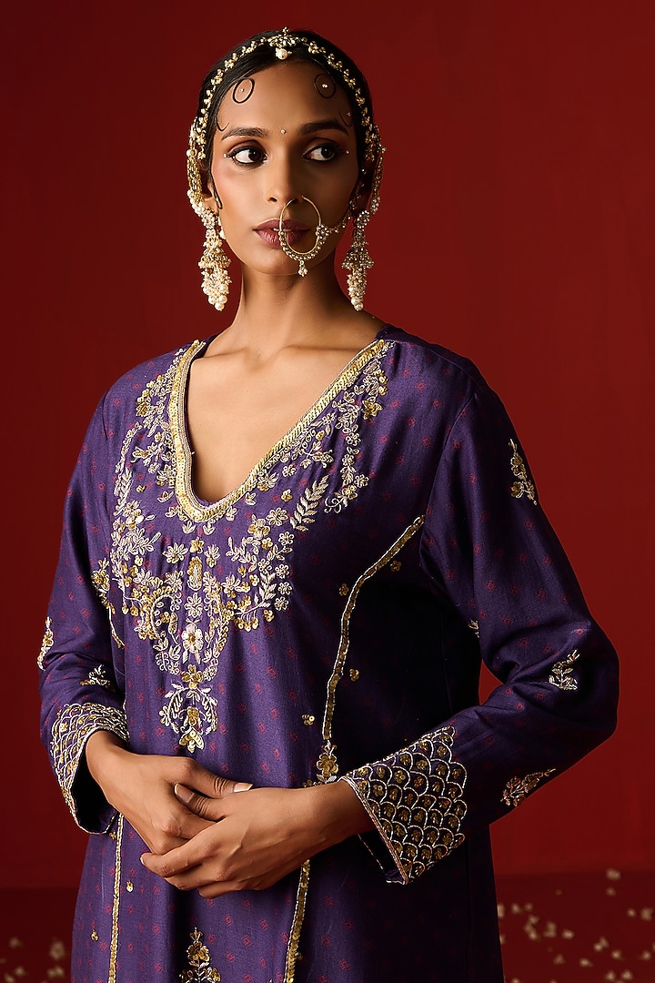 Indigo Blue Chanderi Silk Hand Embroidered & Printed Kurta Set by OHH CROW INDIA at Pernia's Pop Up Shop