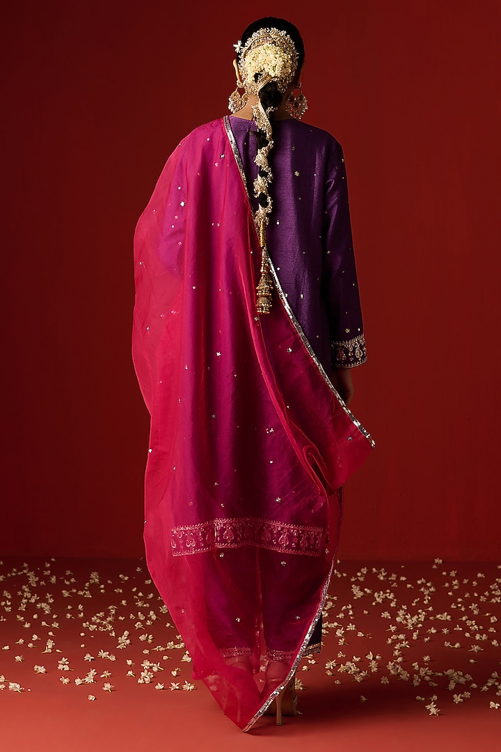 Purple Raw Silk Hand Embroidered Kurta Set by OHH CROW INDIA at Pernia's Pop Up Shop