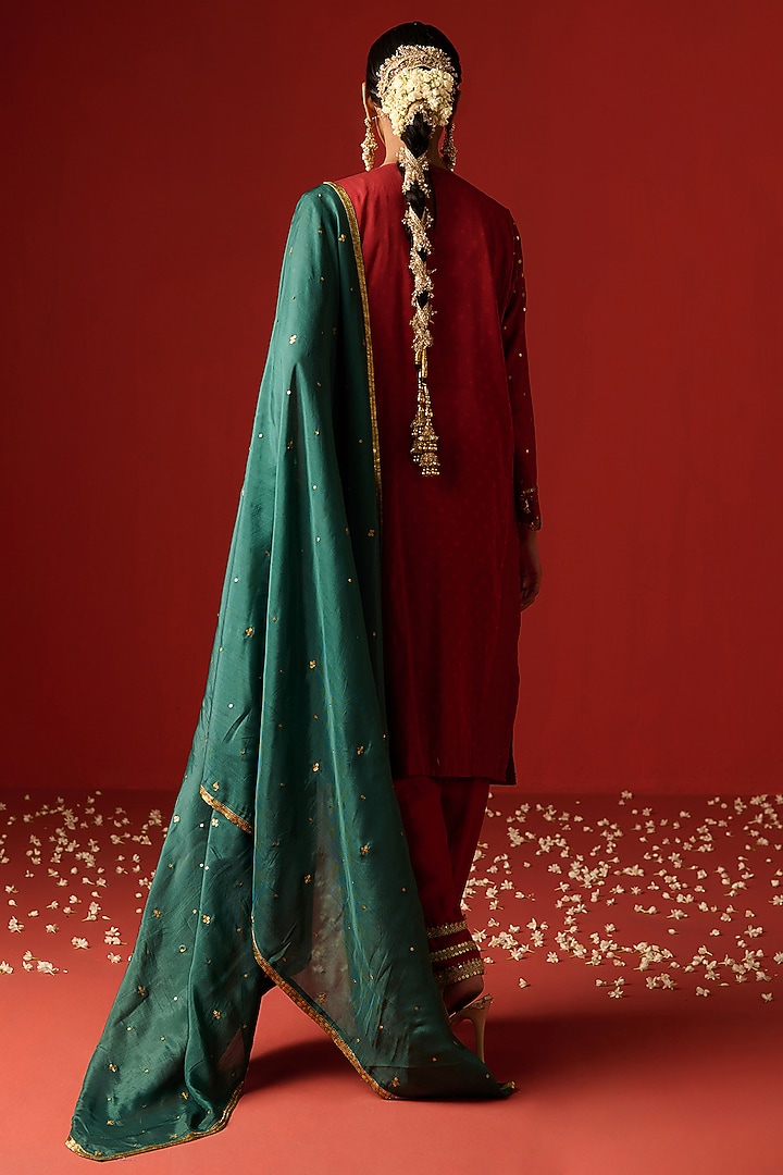 Maroon Chanderi Silk Hand Embroidered & Printed Kurta Set by OHH CROW INDIA at Pernia's Pop Up Shop
