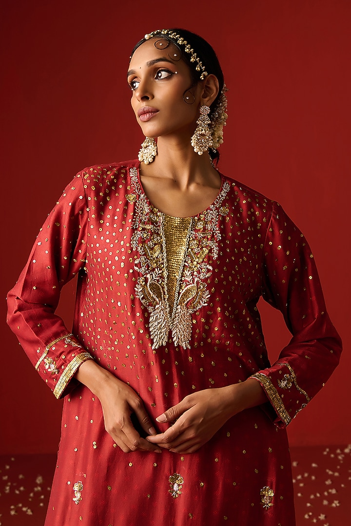 Maroon Chanderi Silk Hand Embroidered & Printed Kurta Set by OHH CROW INDIA at Pernia's Pop Up Shop