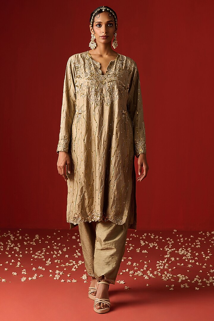 Almond Colored Raw Silk Hand Embroidered Kurta Set by OHH CROW INDIA at Pernia's Pop Up Shop
