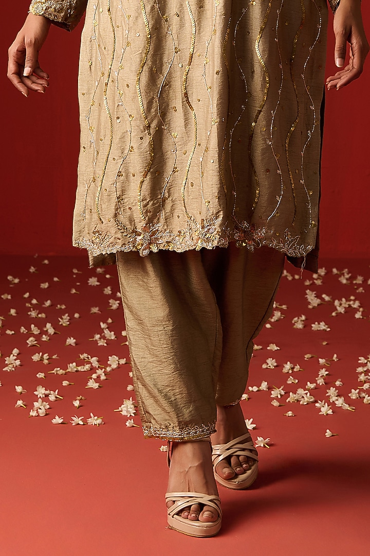 Almond Colored Raw Silk Hand Embroidered Kurta Set by OHH CROW INDIA at Pernia's Pop Up Shop