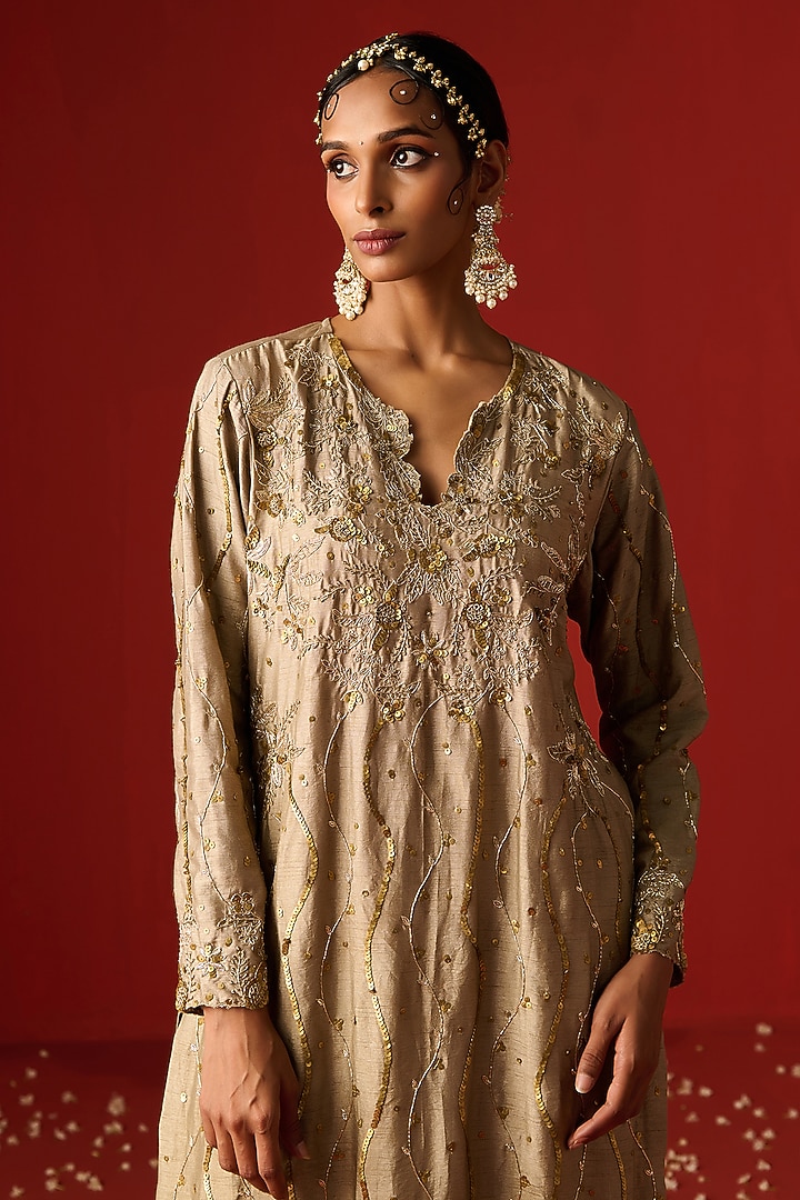 Almond Colored Raw Silk Hand Embroidered Kurta Set by OHH CROW INDIA at Pernia's Pop Up Shop