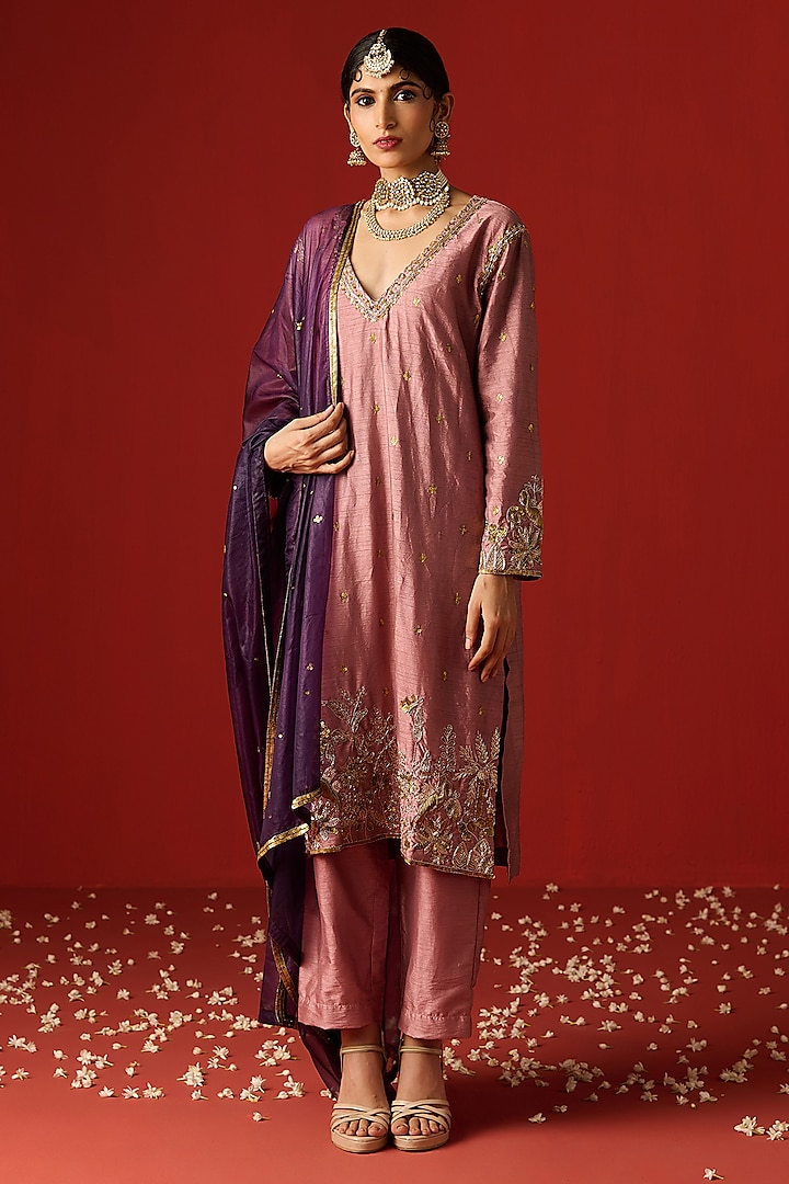 Pink Raw Silk Hand Embroidered Kurta Set by OHH CROW INDIA