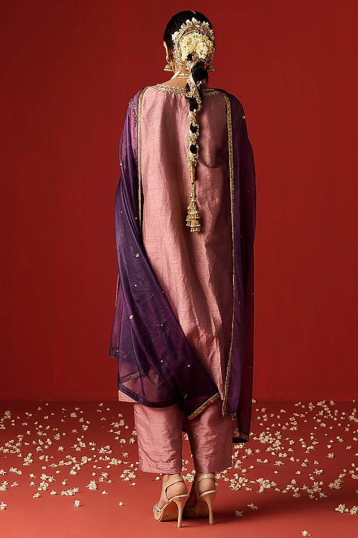 Pink Raw Silk Hand Embroidered Kurta Set by OHH CROW INDIA at Pernia's Pop Up Shop