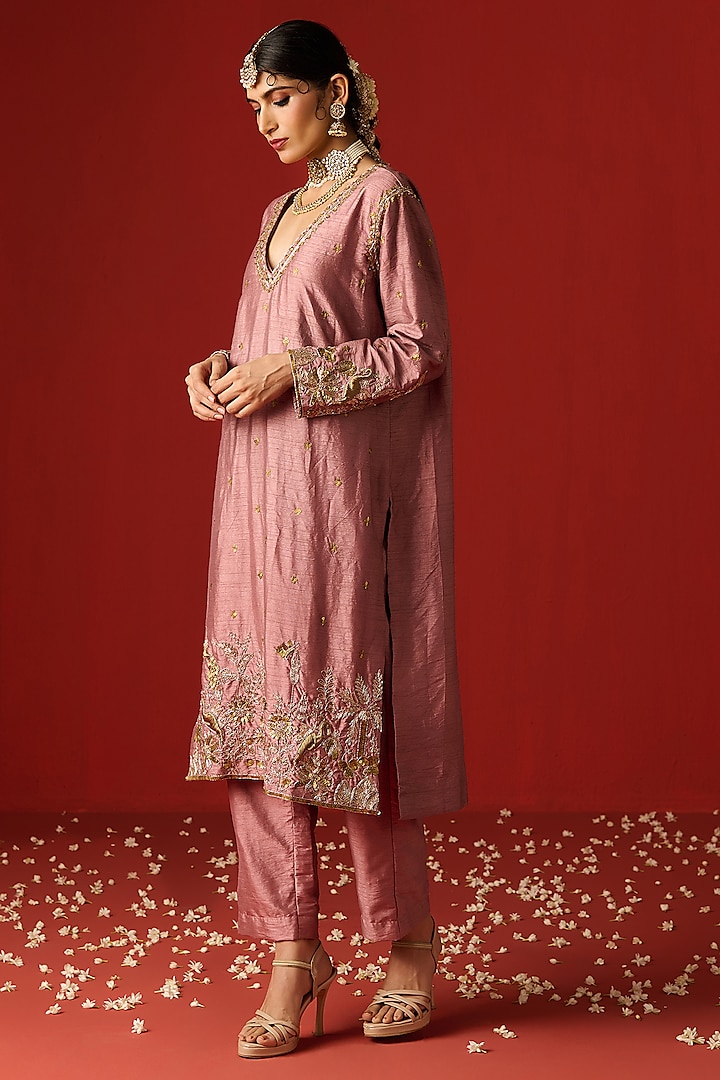 Pink Raw Silk Hand Embroidered Kurta Set by OHH CROW INDIA at Pernia's Pop Up Shop