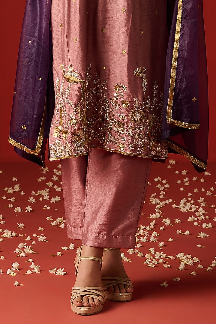 Pink Raw Silk Hand Embroidered Kurta Set by OHH CROW INDIA at Pernia's Pop Up Shop
