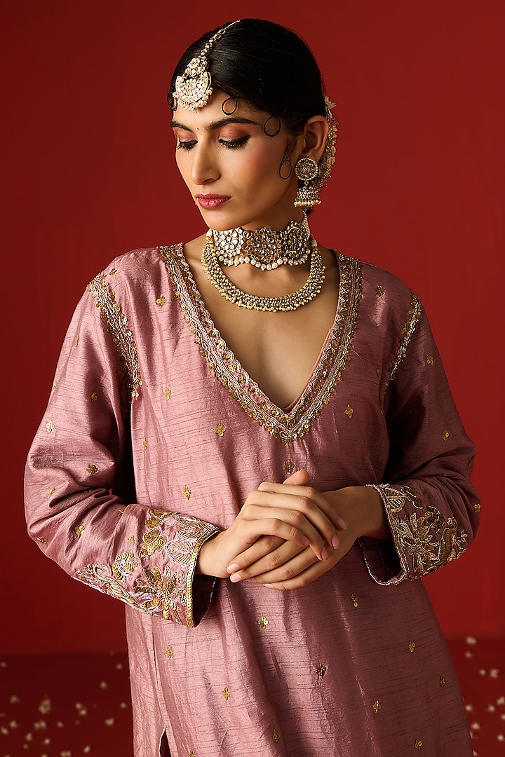 Pink Raw Silk Hand Embroidered Kurta Set by OHH CROW INDIA at Pernia's Pop Up Shop