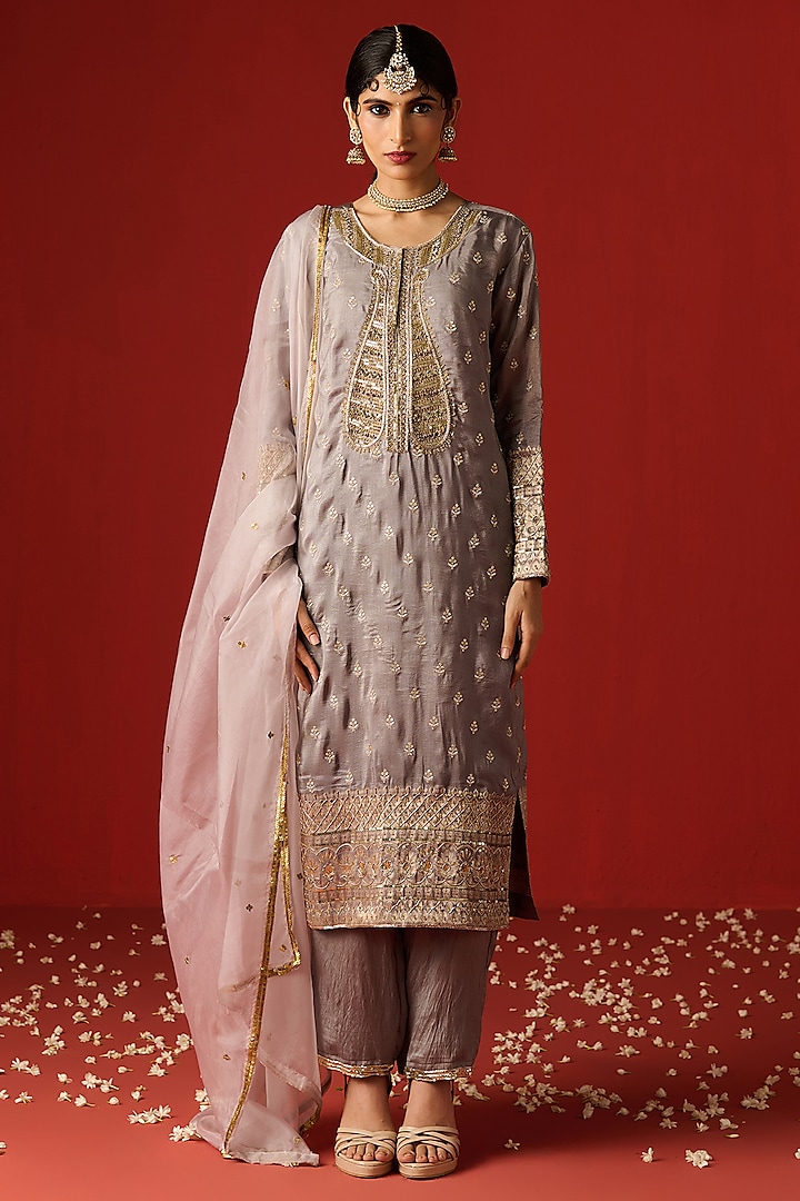 Grey Cotton Silk Hand Embroidered Kurta Set by OHH CROW INDIA at Pernia's Pop Up Shop