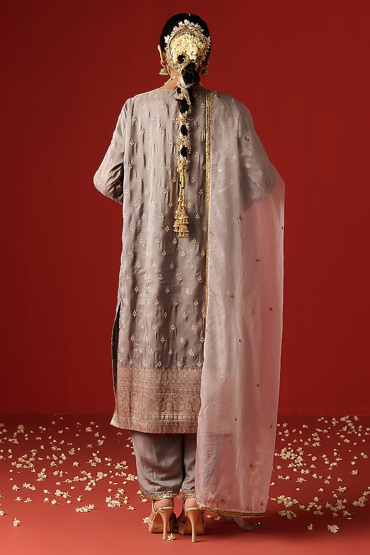 Grey Cotton Silk Hand Embroidered Kurta Set by OHH CROW INDIA at Pernia's Pop Up Shop
