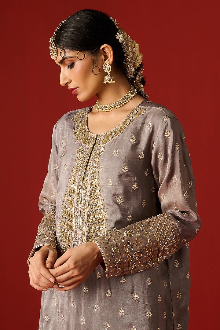 Grey Cotton Silk Hand Embroidered Kurta Set by OHH CROW INDIA at Pernia's Pop Up Shop