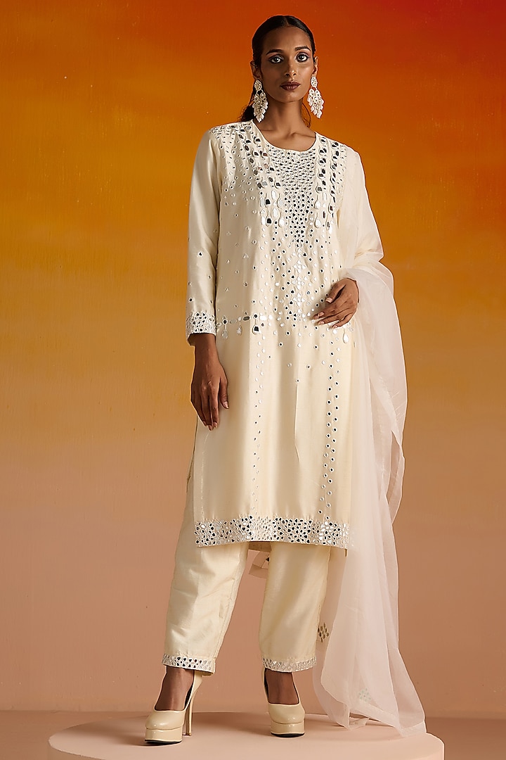 Ivory Raw Silk Mirror Hand Embroidered Kurta Set by OHH CROW INDIA at Pernia's Pop Up Shop