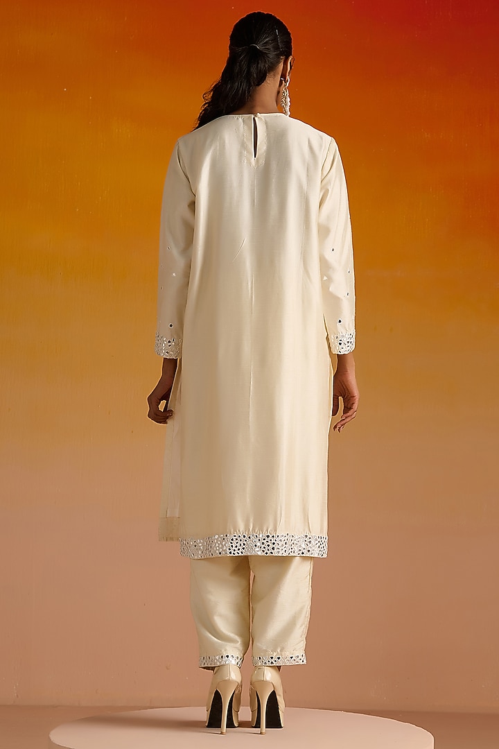 Ivory Raw Silk Mirror Hand Embroidered Kurta Set by OHH CROW INDIA at Pernia's Pop Up Shop