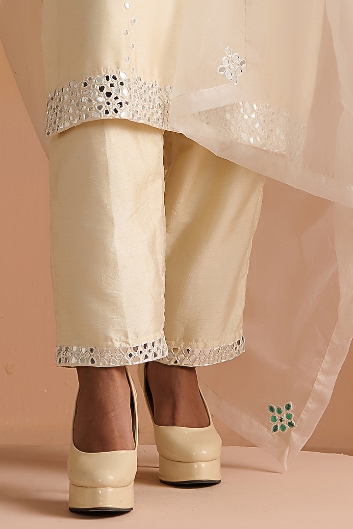Ivory Raw Silk Mirror Hand Embroidered Kurta Set by OHH CROW INDIA at Pernia's Pop Up Shop
