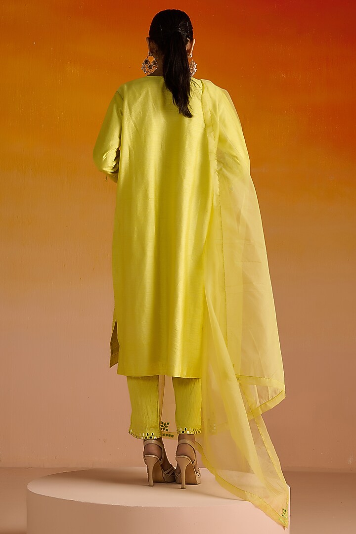 Yellow Raw Silk Mirror Hand Embroidered Kurta Set by OHH CROW INDIA at Pernia's Pop Up Shop