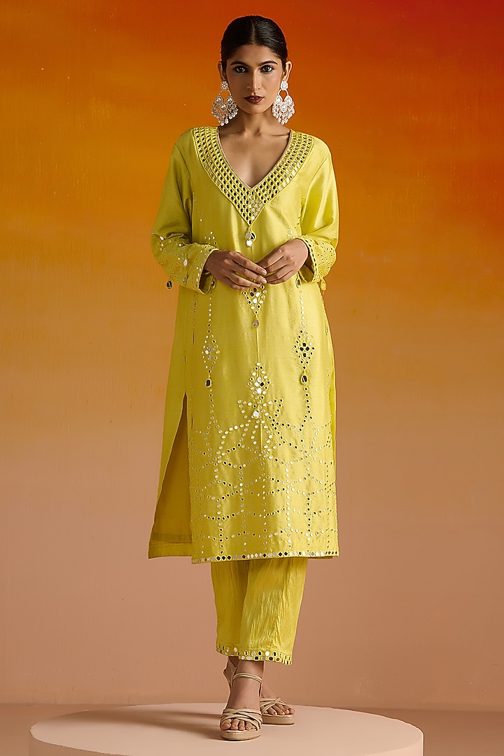 Yellow Raw Silk Mirror Hand Embroidered Kurta Set by OHH CROW INDIA at Pernia's Pop Up Shop