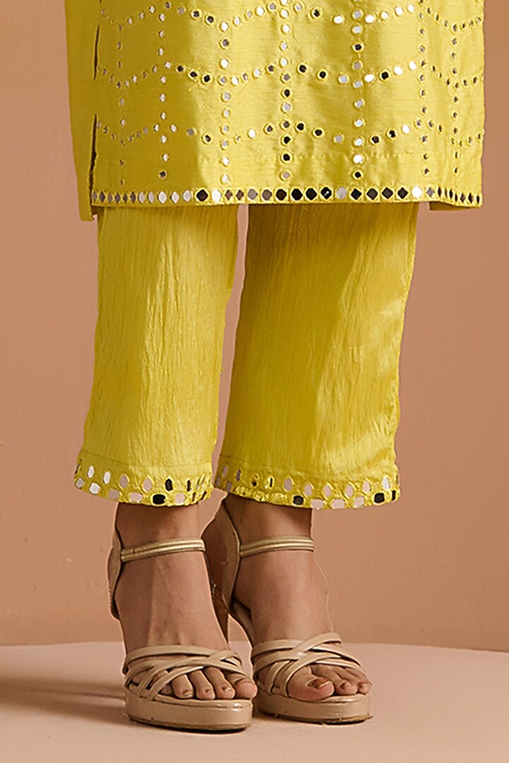 Yellow Raw Silk Mirror Hand Embroidered Kurta Set by OHH CROW INDIA at Pernia's Pop Up Shop