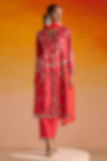 Red Raw Silk Mirror Hand Embroidered Kurta Set by OHH CROW INDIA at Pernia's Pop Up Shop