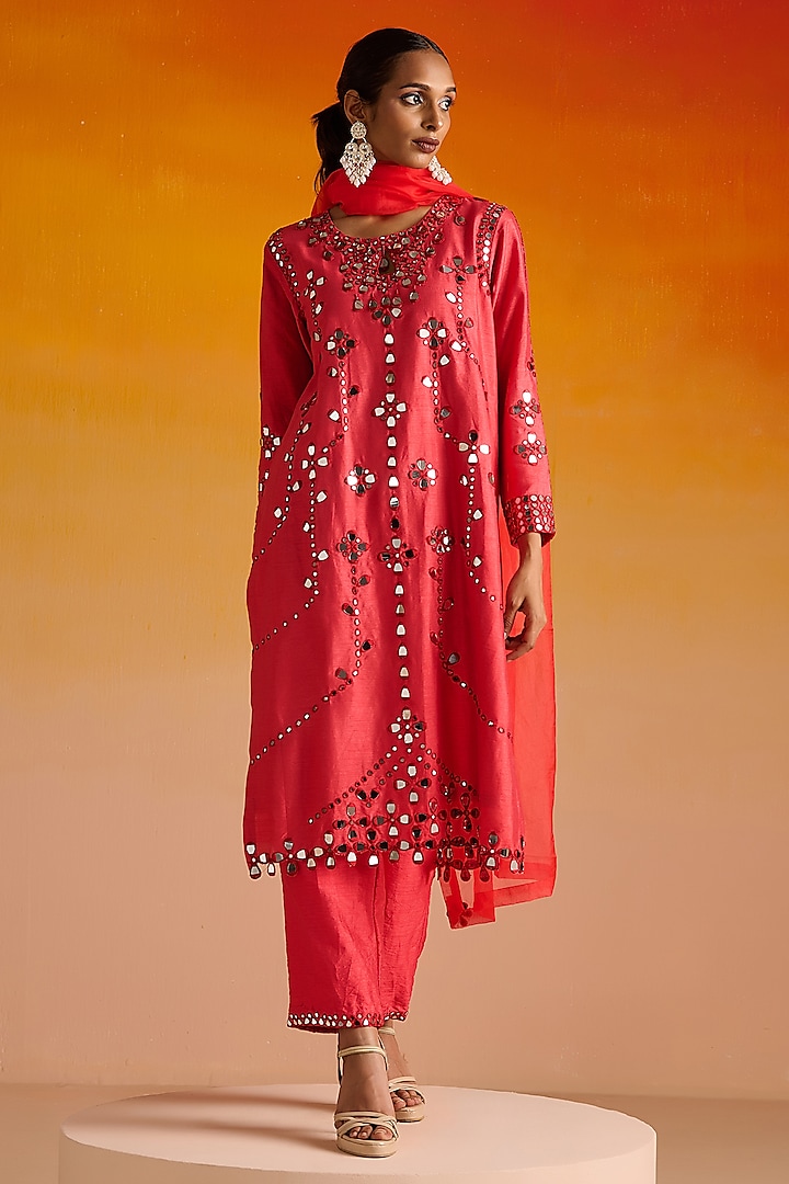 Red Raw Silk Mirror Hand Embroidered Kurta Set by OHH CROW INDIA at Pernia's Pop Up Shop