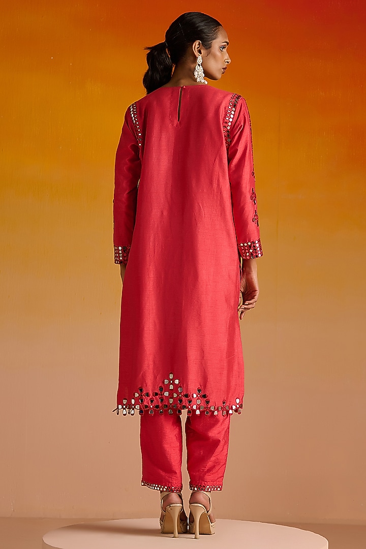 Red Raw Silk Mirror Hand Embroidered Kurta Set by OHH CROW INDIA at Pernia's Pop Up Shop