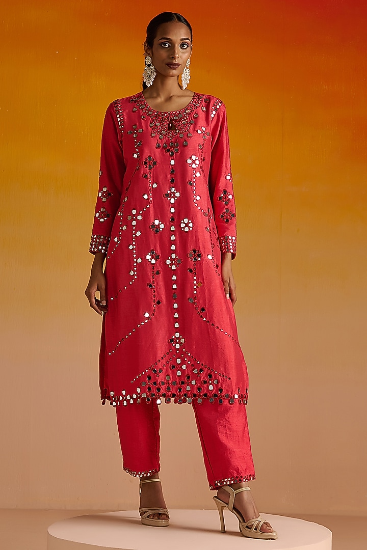 Red Raw Silk Mirror Hand Embroidered Kurta Set by OHH CROW INDIA at Pernia's Pop Up Shop