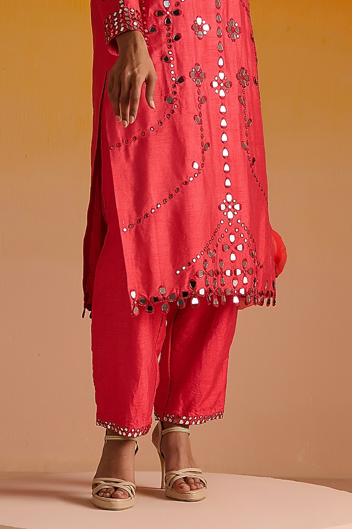 Red Raw Silk Mirror Hand Embroidered Kurta Set by OHH CROW INDIA at Pernia's Pop Up Shop