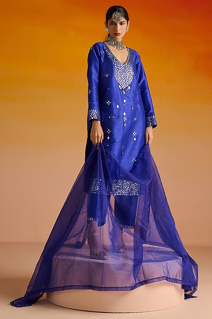 Electric Blue Raw Silk Mirror Hand Embroidered Kurta Set by OHH CROW INDIA at Pernia's Pop Up Shop