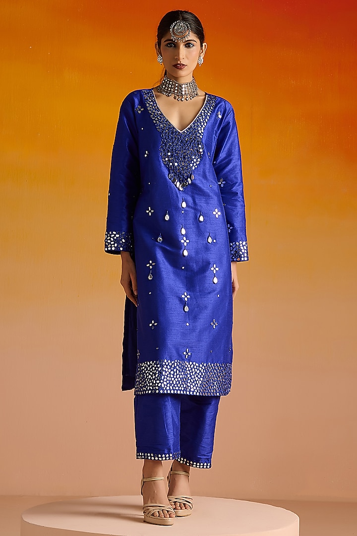 Electric Blue Raw Silk Mirror Hand Embroidered Kurta Set by OHH CROW INDIA at Pernia's Pop Up Shop