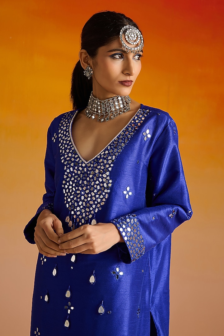 Electric Blue Raw Silk Mirror Hand Embroidered Kurta Set by OHH CROW INDIA at Pernia's Pop Up Shop