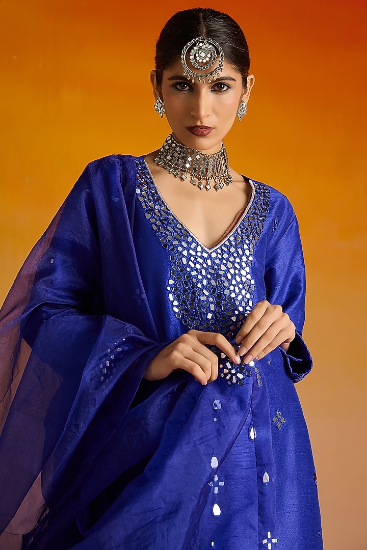 Electric Blue Raw Silk Mirror Hand Embroidered Kurta Set by OHH CROW INDIA at Pernia's Pop Up Shop