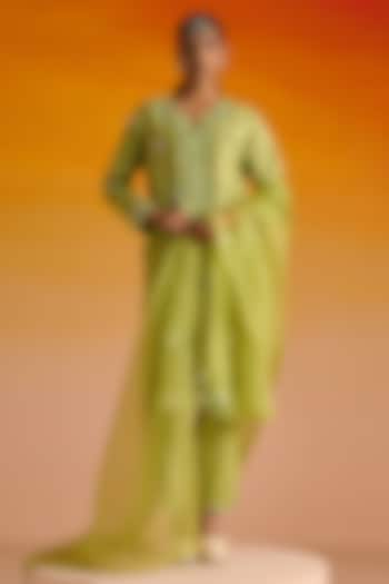 Parrot Green Raw Silk Mirror Hand Embroidered Kurta Set by OHH CROW INDIA at Pernia's Pop Up Shop