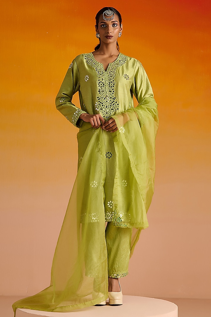 Parrot Green Raw Silk Mirror Hand Embroidered Kurta Set by OHH CROW INDIA at Pernia's Pop Up Shop