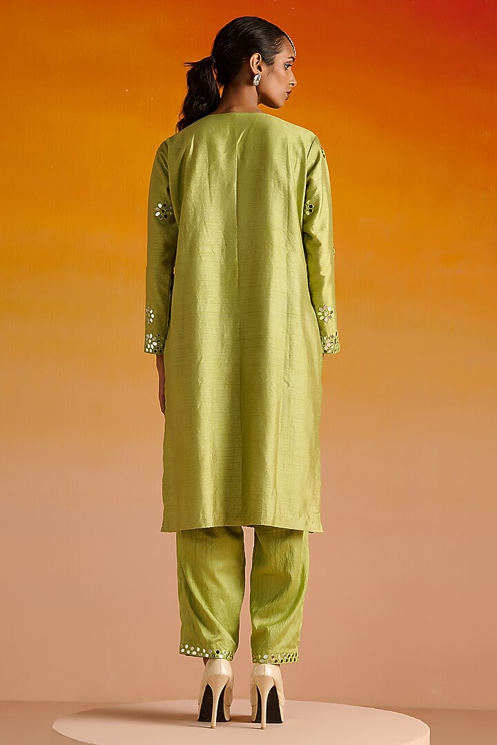 Parrot Green Raw Silk Mirror Hand Embroidered Kurta Set by OHH CROW INDIA at Pernia's Pop Up Shop