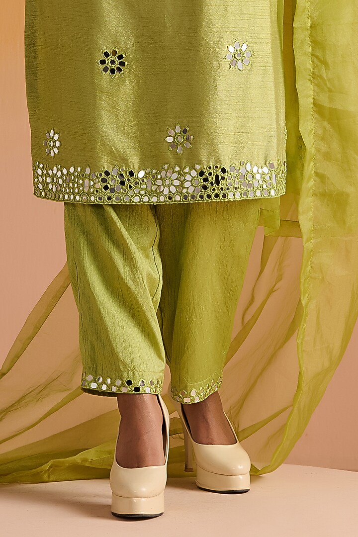 Parrot Green Raw Silk Mirror Hand Embroidered Kurta Set by OHH CROW INDIA at Pernia's Pop Up Shop