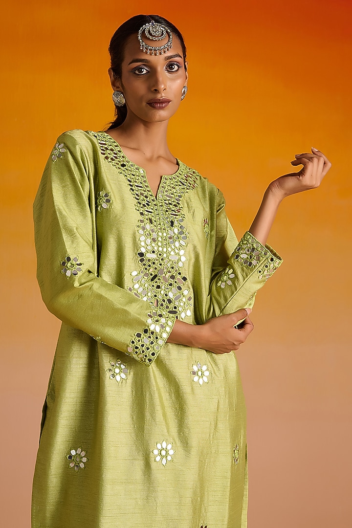 Parrot Green Raw Silk Mirror Hand Embroidered Kurta Set by OHH CROW INDIA at Pernia's Pop Up Shop