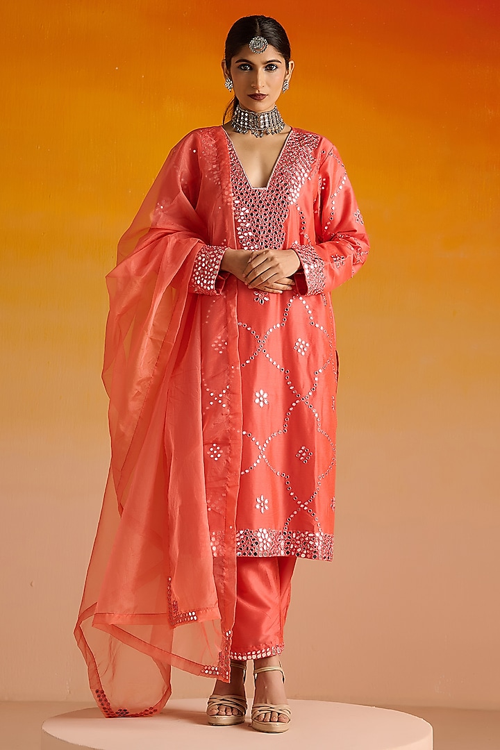 Pink Raw Silk Mirror Hand Embroidered Kurta Set by OHH CROW INDIA