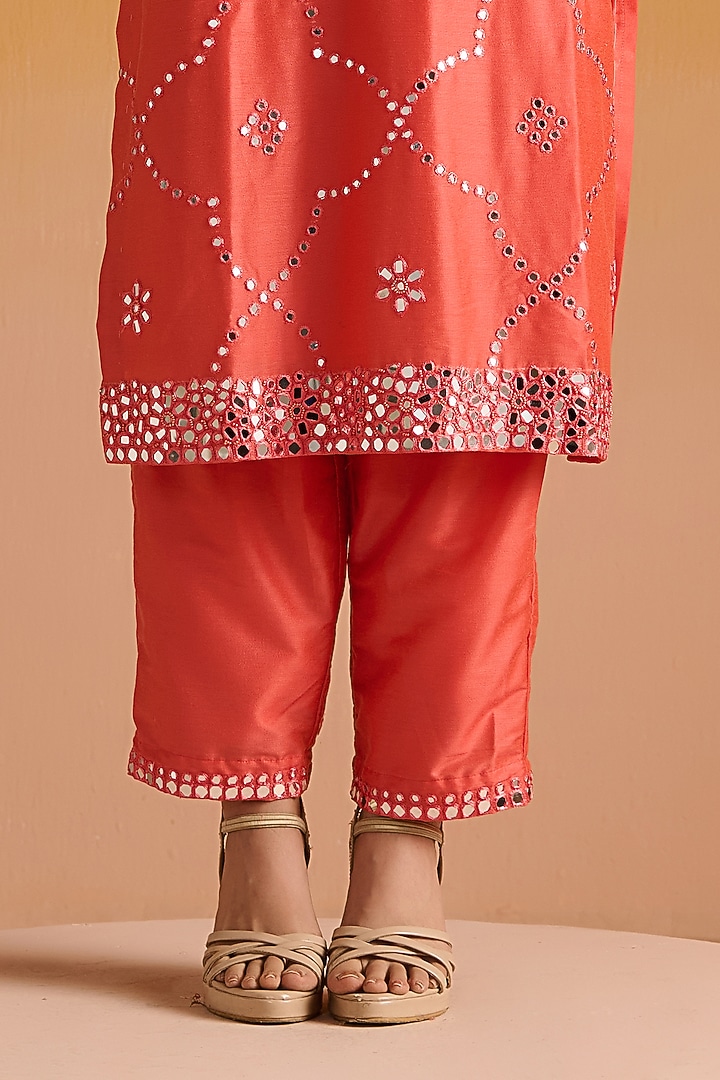 Pink Raw Silk Mirror Hand Embroidered Kurta Set by OHH CROW INDIA at Pernia's Pop Up Shop