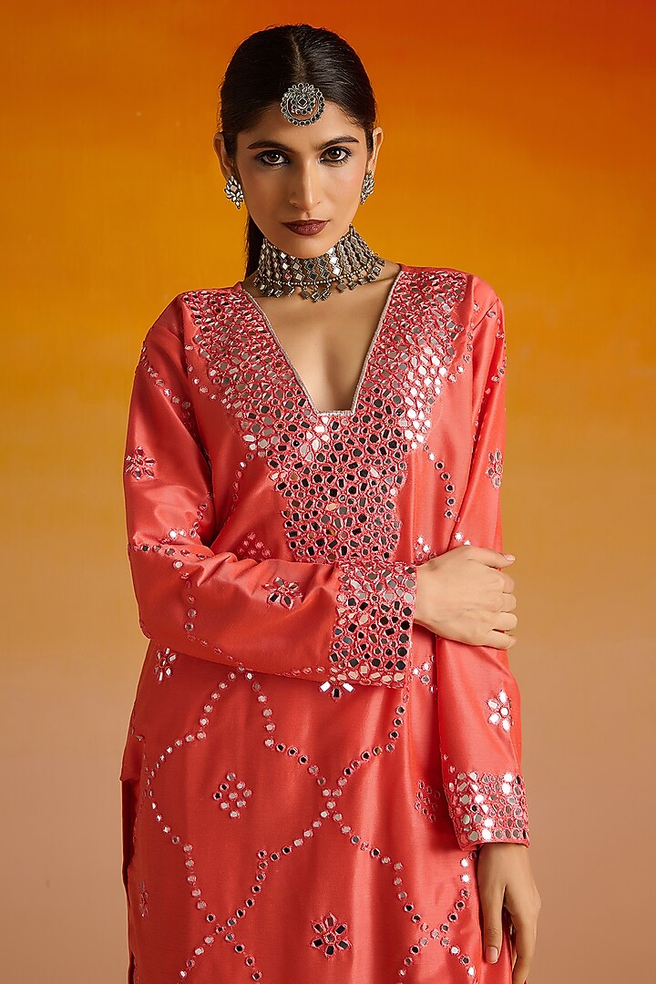 Pink Raw Silk Mirror Hand Embroidered Kurta Set by OHH CROW INDIA at Pernia's Pop Up Shop
