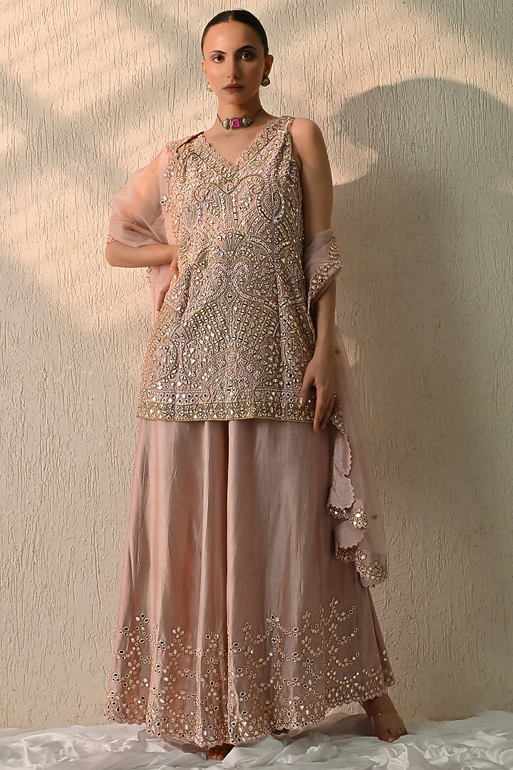 Dusty Pink Chanderi Silk Mirror Hand Embroidered Wedding Sharara Set by OHH CROW INDIA at Pernia's Pop Up Shop