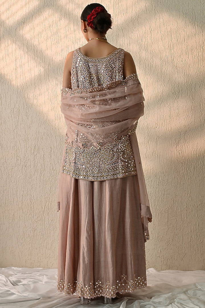 Dusty Pink Chanderi Silk Mirror Hand Embroidered Wedding Sharara Set by OHH CROW INDIA at Pernia's Pop Up Shop
