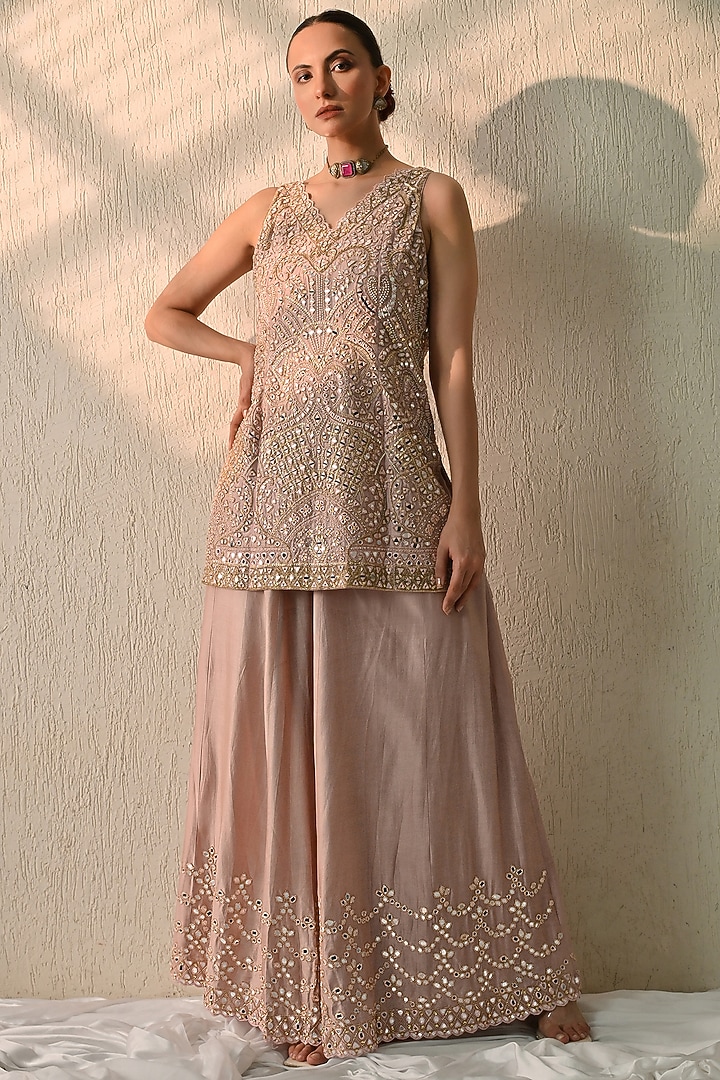 Dusty Pink Chanderi Silk Mirror Hand Embroidered Wedding Sharara Set by OHH CROW INDIA at Pernia's Pop Up Shop