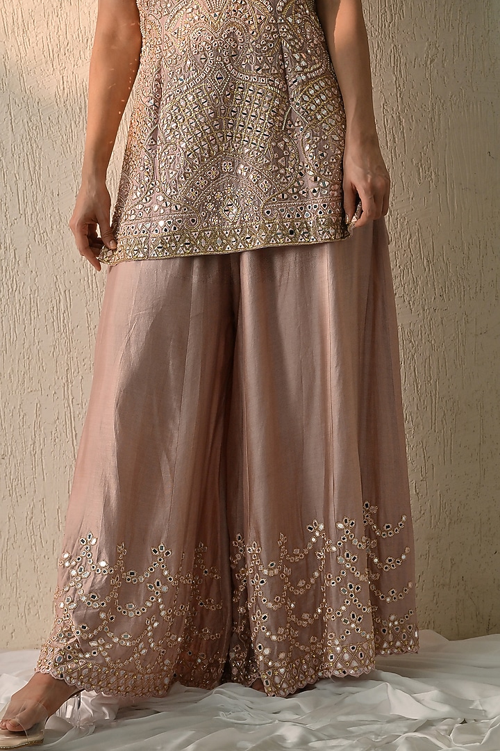 Dusty Pink Chanderi Silk Mirror Hand Embroidered Wedding Sharara Set by OHH CROW INDIA at Pernia's Pop Up Shop